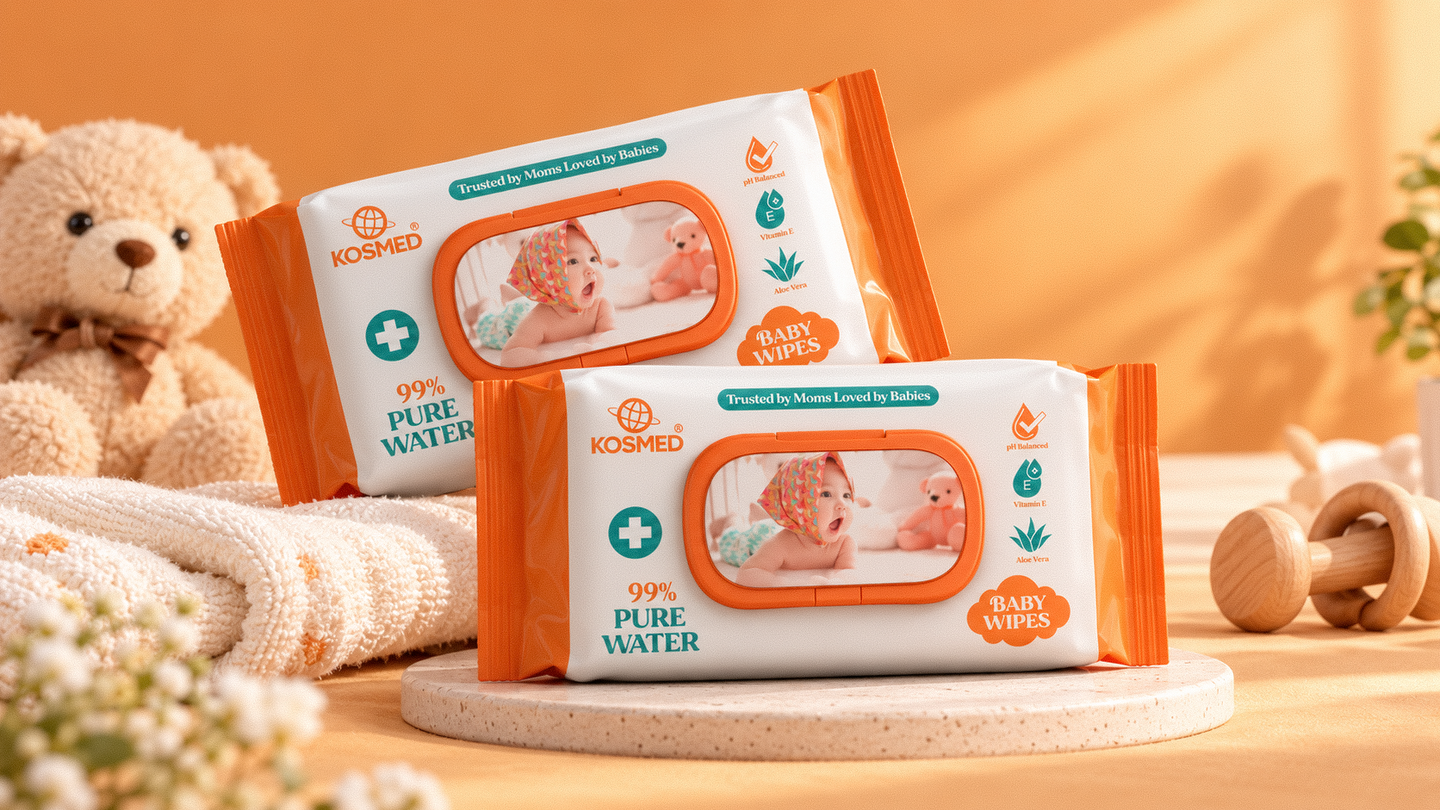 Kosmed baby wipes packaging design with peach and aqua colours, baby-friendly illustrations and branded flip-top packs.