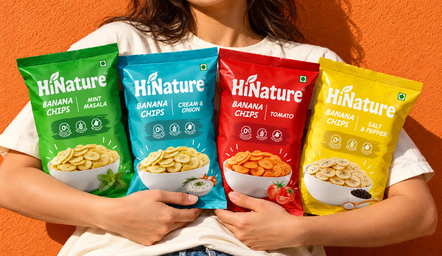 HiNature banana chips packaging design featuring four colourful flavours: Mint Masala, Cream & Onion, Tomato, and Salt & Pepper.